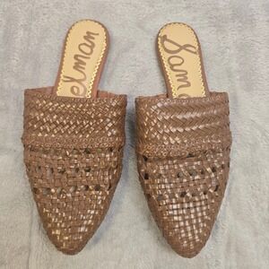Sam Edelman Woven Leather Mules Brown Pointed Toe Slip On Flat Slides Womens 7